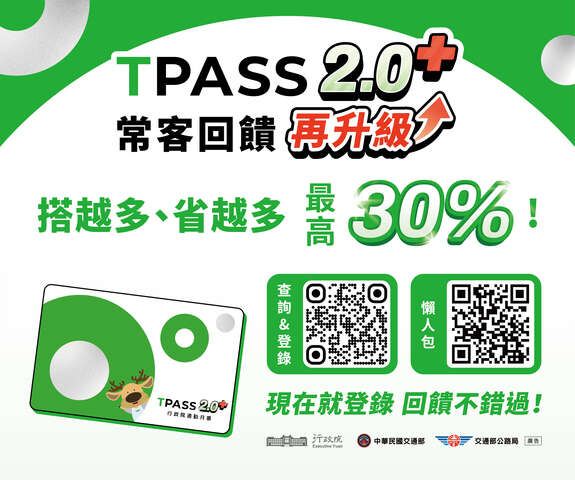 交通部公路局於114年1月起推出TPASS 2.0公共運輸常客優惠，每月搭乘公共運輸11次以上可享最高30%回饋；另為照顧搭乘國道客運返鄉遠行需求，自114年12月1日起再升級推出TPASS 2.0+公共運輸常客優惠，最高可享30%回饋，詳見公路局TPASS 2.0+專屬網頁