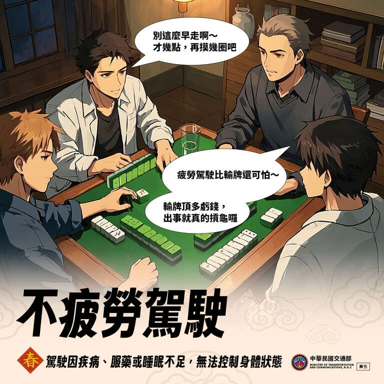 春節連假長途開車，若眼皮沉重、反應遲鈍，請至休息站小憩。不疲勞駕駛，是給家人最好的紅包。