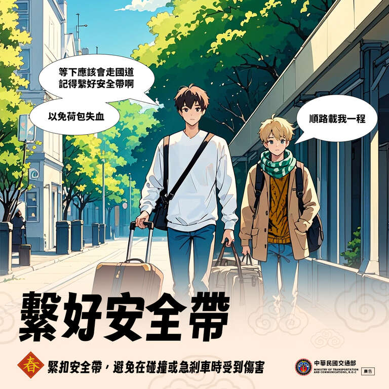 春節出遊，全車繫好安全帶！不論後座或兒童，上車前請務必確認。多一個簡單動作，就是給生命最大的保障。