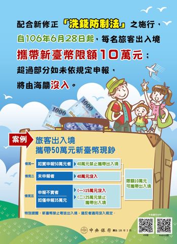 新修正洗錢防制法之施行，自106年6月28日起每名旅客出入境攜帶新臺幣限額10萬元