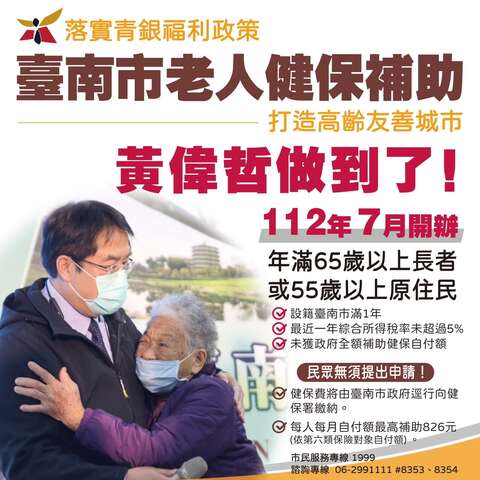 臺南市自今（112）年7月起開辦老人健保費補助