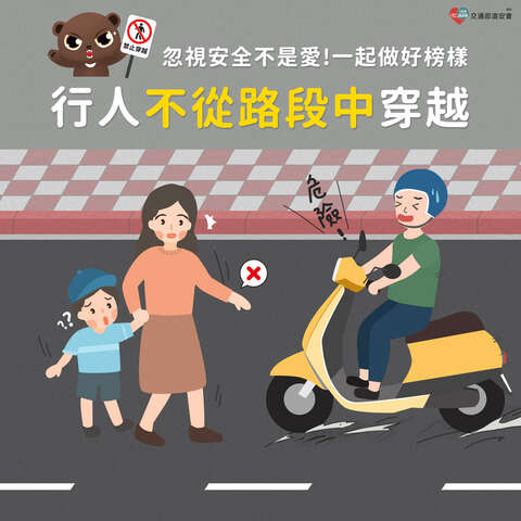 本次宣導主題：「行人不要在路段中穿越道路，請走行人 穿越道」